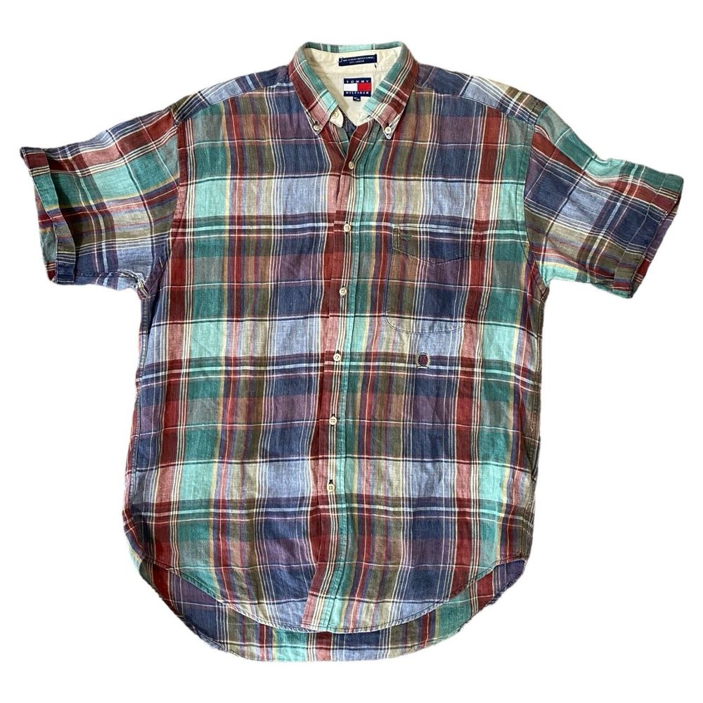 VTG Tommy Hilfiger Shirt S/S Medium Crest Logo Button Down Plaid Check 1990s